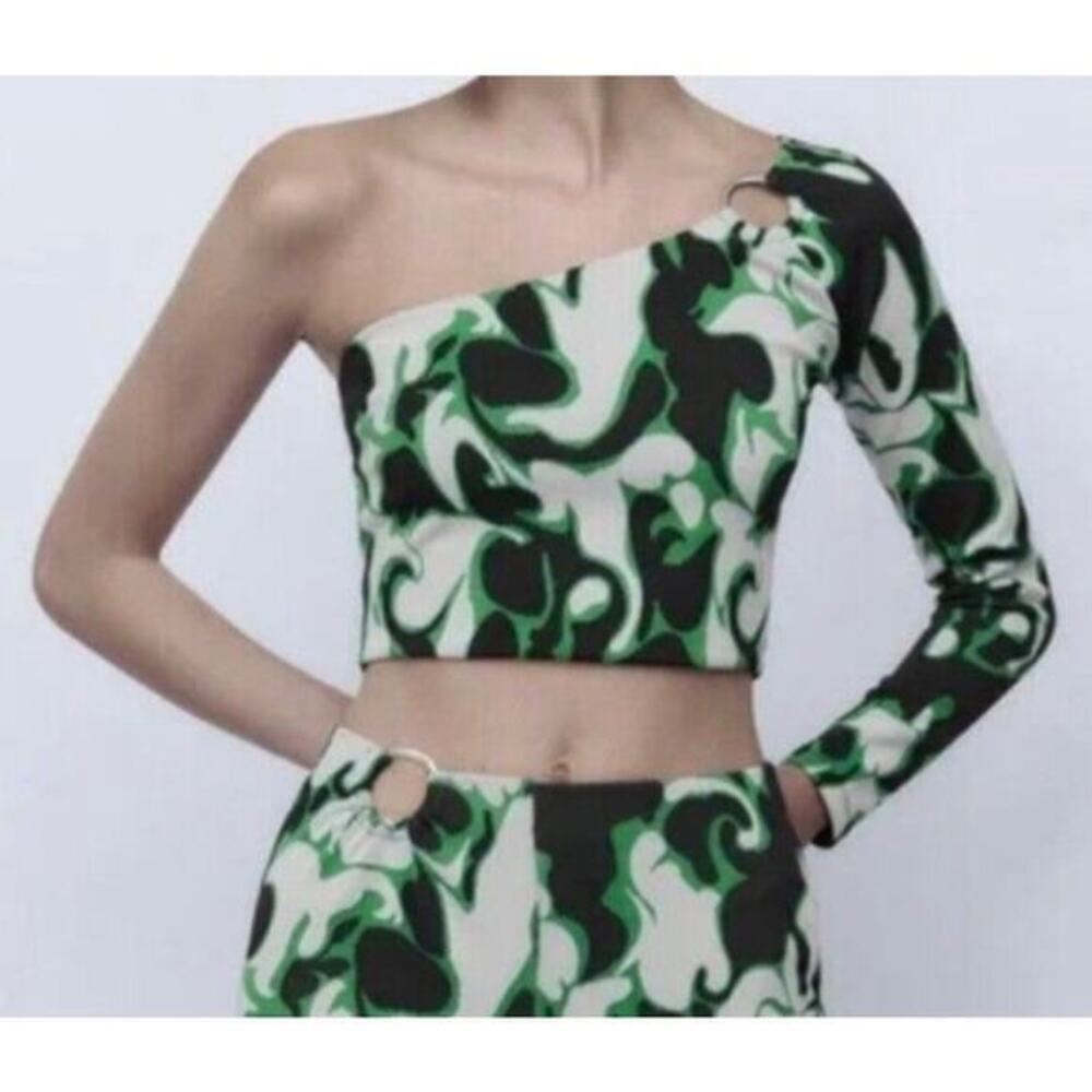 NWT ZARA‎ Womens Size M Jacquard One Shoulder Top Retro Crop Geometric Green